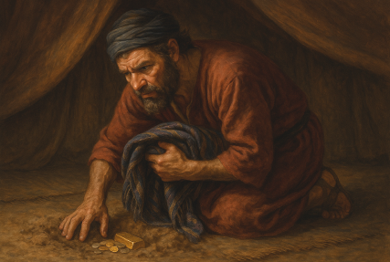 Achan hides the silver, gold, and robe in his tent, feeling guilty and afraid—scene from the story “Achan’s Secret Sins” (Joshua 7).
